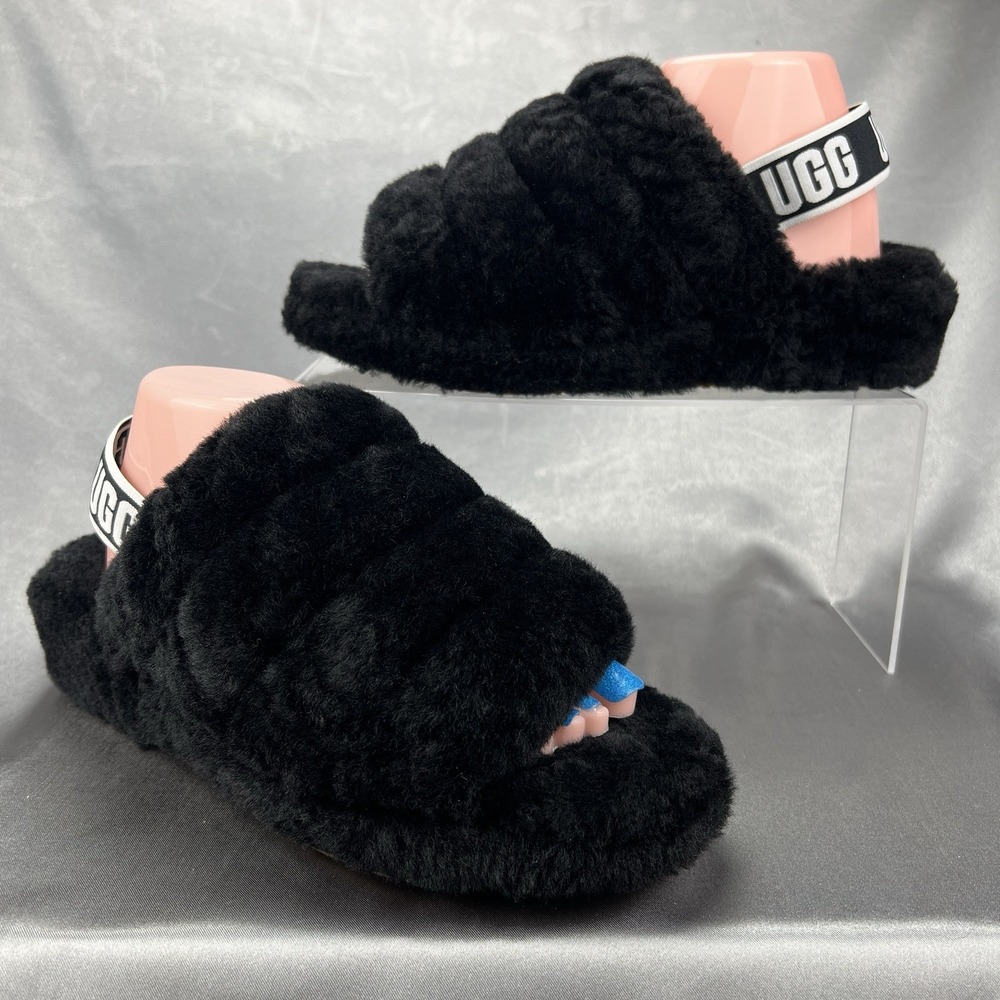 UGG Women's 10 Fluff Yeah Slide Slippers‎ Black Slingback Sandal Shoes 1095119